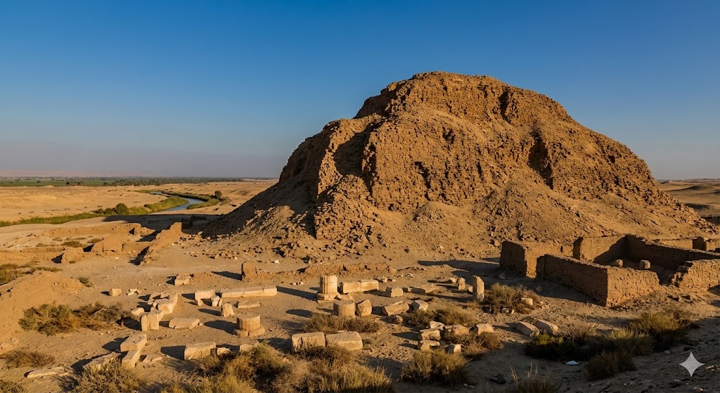 Vista delle rovine della piramide di Hawara con il deserto circostante