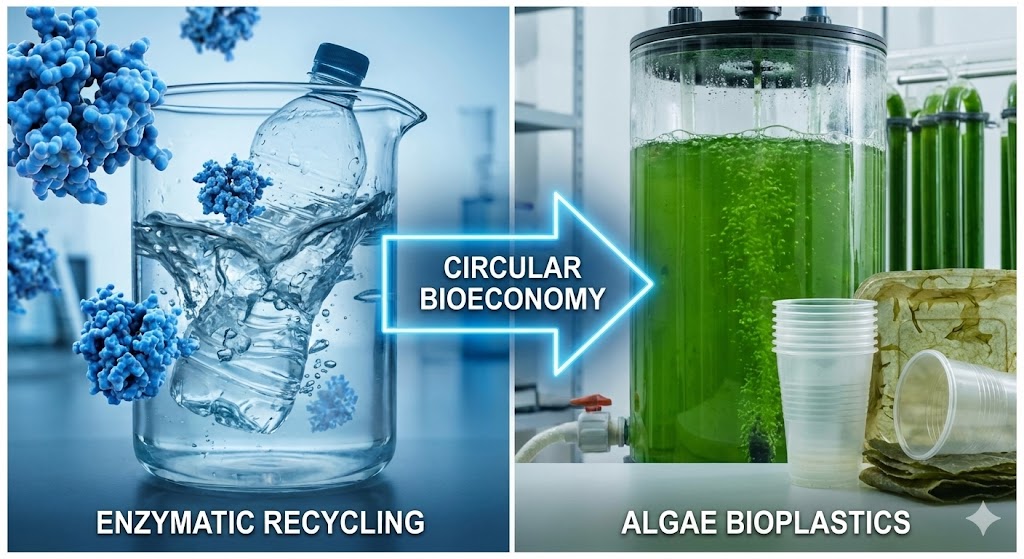 Enzimi che decompongono plastica PET e biopolimeri estratti da colture di alghe marine