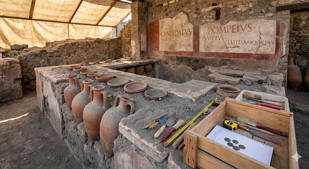 Thermopolium di Pompei con contenitori terracotta e graffiti elettorali sul fondo