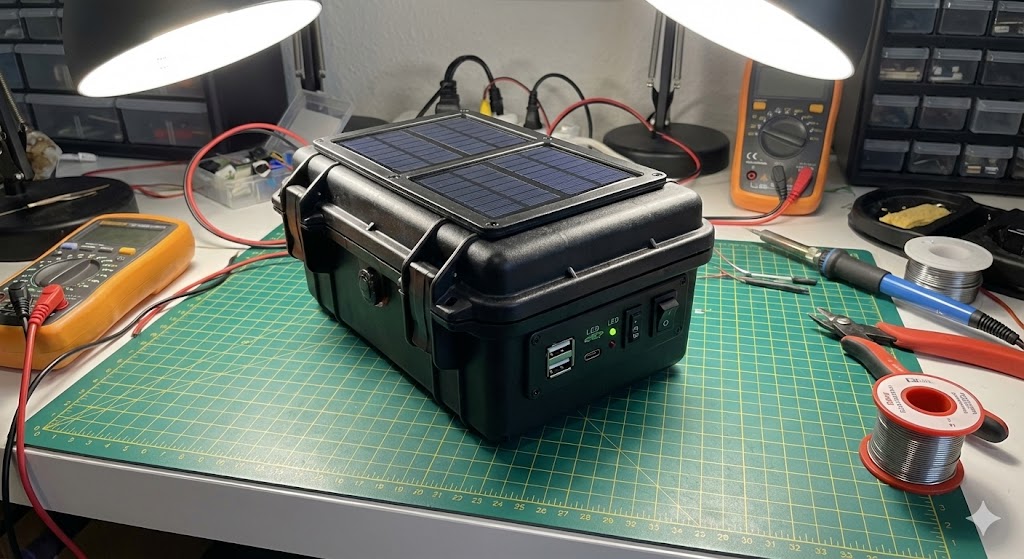 Un power bank solare fai-da-te completato, con pannelli solari integrati sulla parte superiore e porte USB visibili, posizionato su un tavolo da lavoro con attrezzi