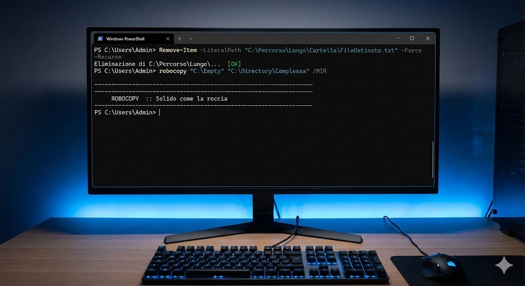 Terminale PowerShell in esecuzione con comandi per la gestione dei file