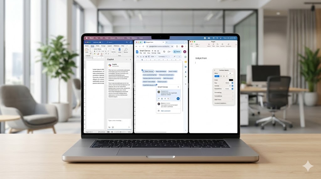 Confronto interfacce Microsoft 365, Google Workspace e Apple iWork su un MacBook Pro