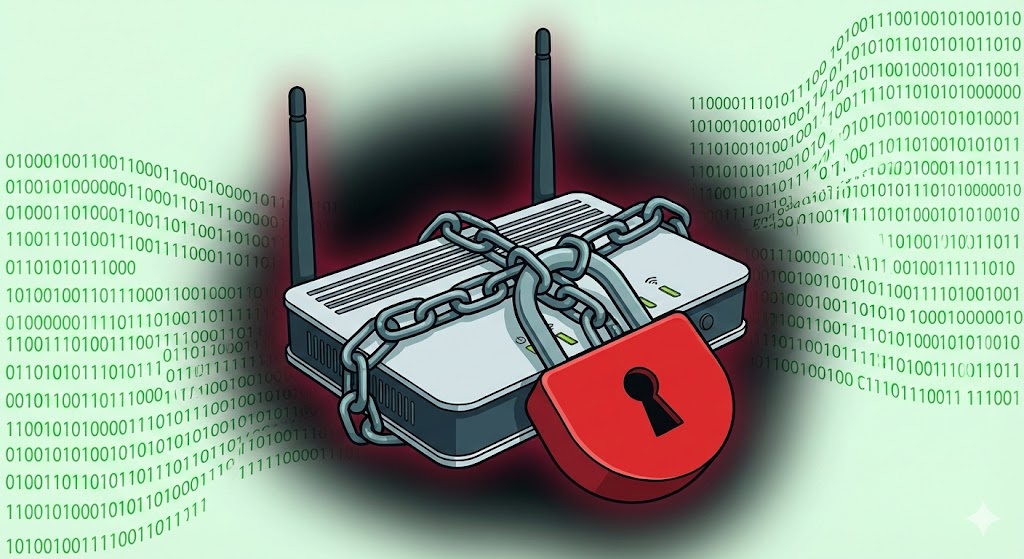 Icona di un router Wi-Fi con un lucchetto rosso e una richiesta di riscatto in bitcoin su uno schermo