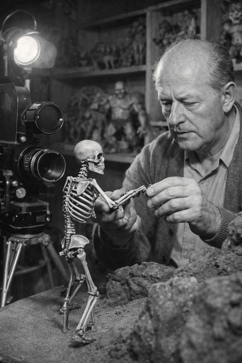 Harryhausen anima uno scheletro nel suo studio