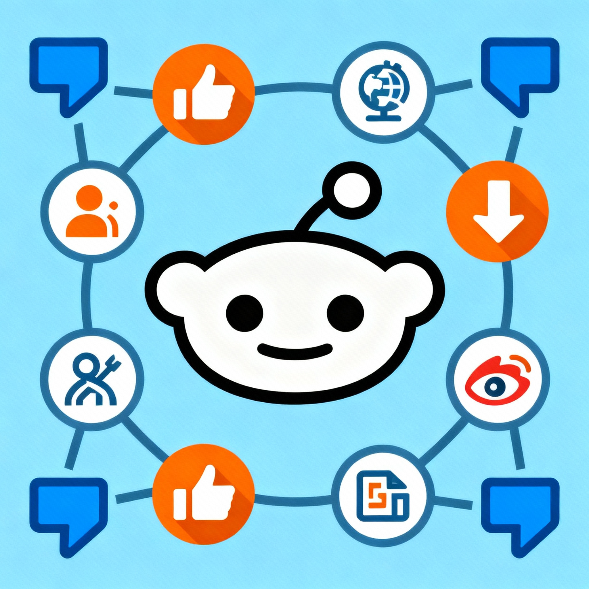 Il logo alieno stilizzato di Reddit (Snoo) su uno sfondo che rappresenta una miriade di subreddit interconnessi, con icone di upvote/downvote e diversi temi di comunità.