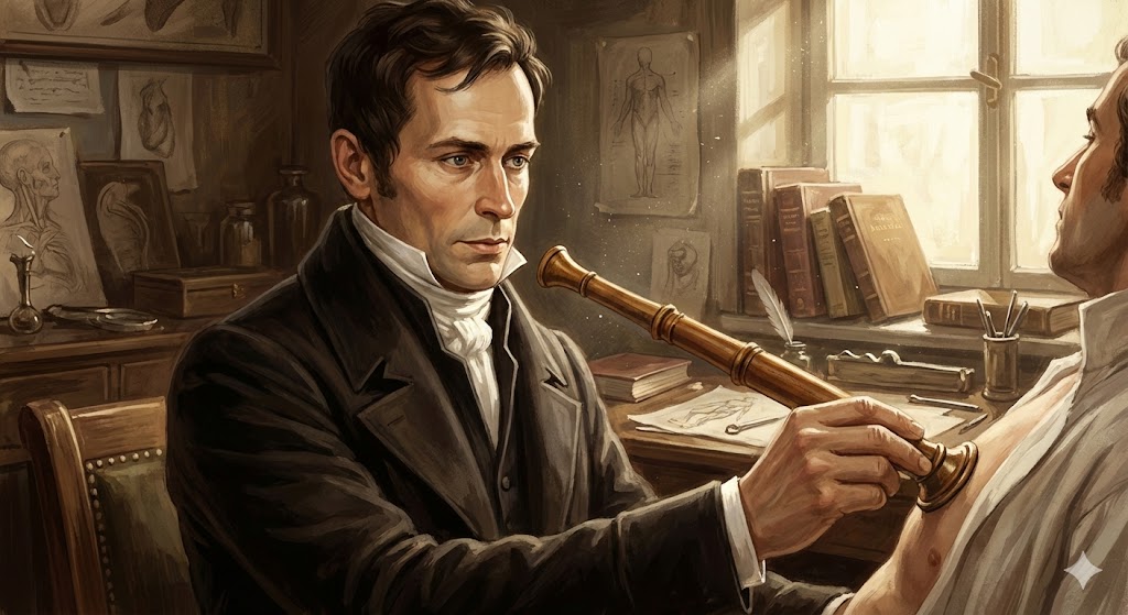 Ren� Laennec con il primo stetoscopio in legno del 1816