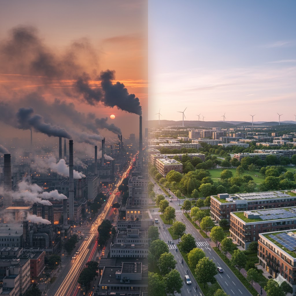 Campo di pannelli solari e turbine eoliche al tramonto