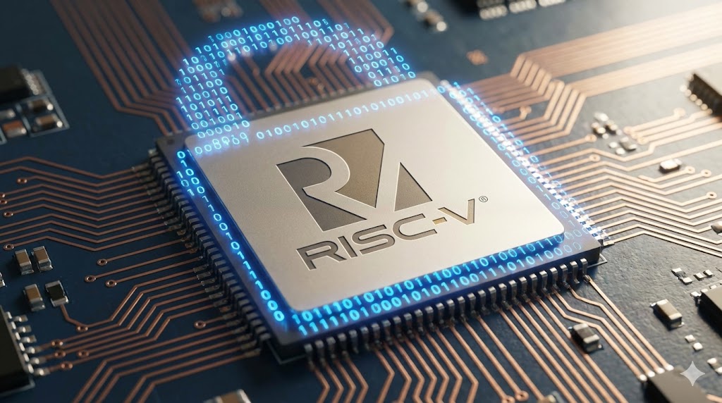 Logo RISC-V su un chip in silicio circondato da codice binario aperto.