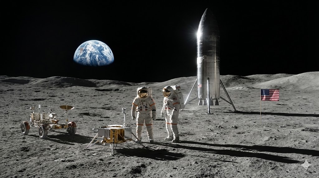 Astronauti della missione Artemis sulla superficie lunare