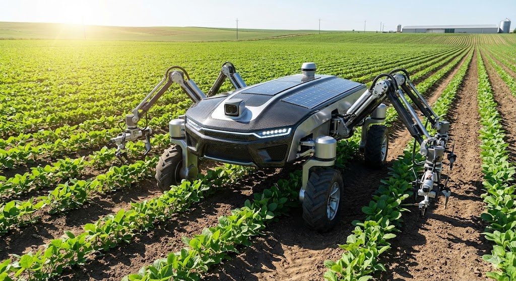 Un robot agricolo autonomo dotato di sensori e bracci meccanici si muove in un campo coltivato, eseguendo operazioni di diserbo selettivo tra le file di piante
