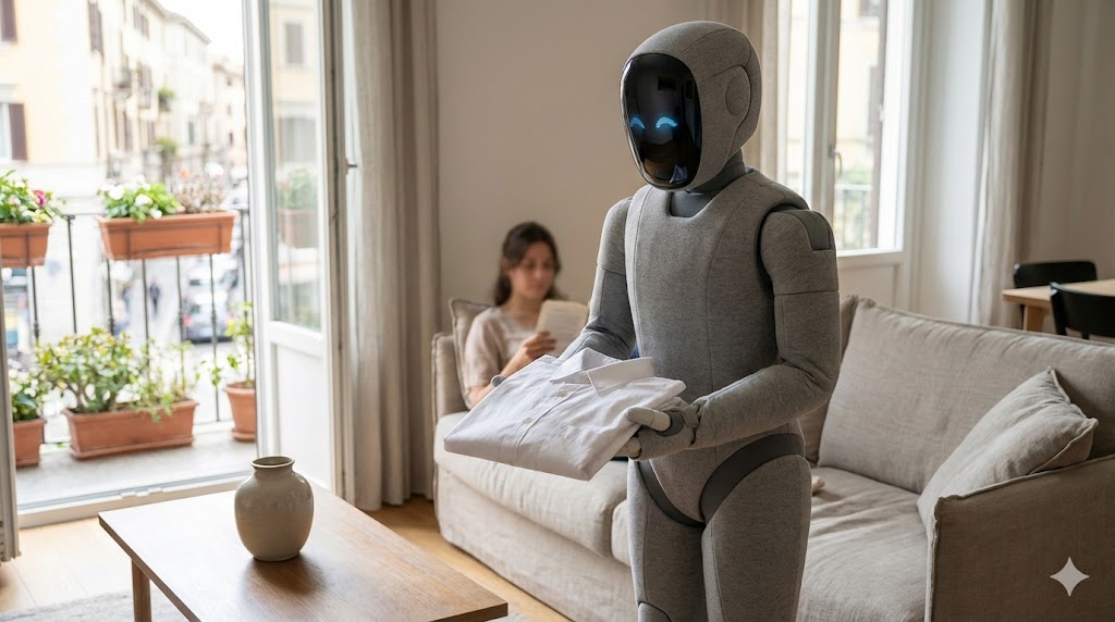 Il robot umanoide Neo di 1X Technologies in un ambiente domestico mentre assiste nelle faccende quotidiane.