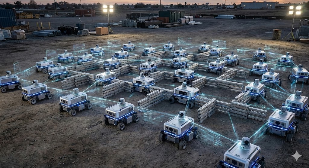 Sciame di piccoli robot che collaborano in formazione coordinata