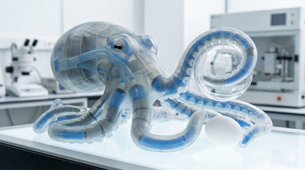 Robot soft ispirato a un polpo con tentacoli flessibili che manipola delicatamente oggetti fragili