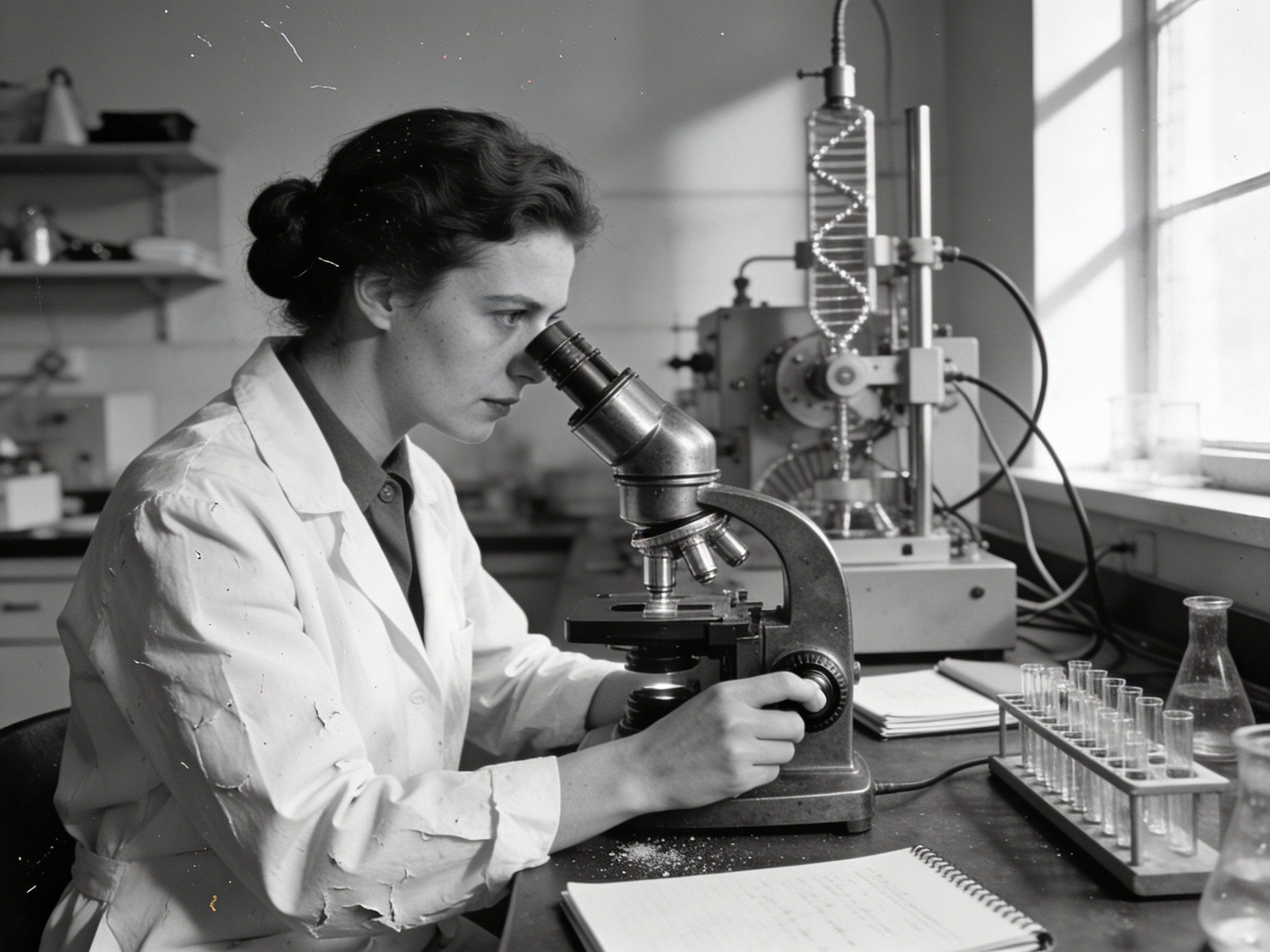 Rosalind Franklin al microscopio nel suo laboratorio mentre analizza campioni di cristallografia a raggi X