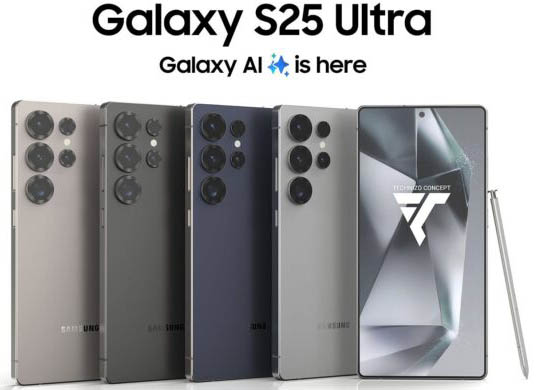 Render concettuale del Samsung Galaxy S25 Ultra, che mostra un design raffinato con cornice in titanio e un nuovo modulo fotografico posteriore