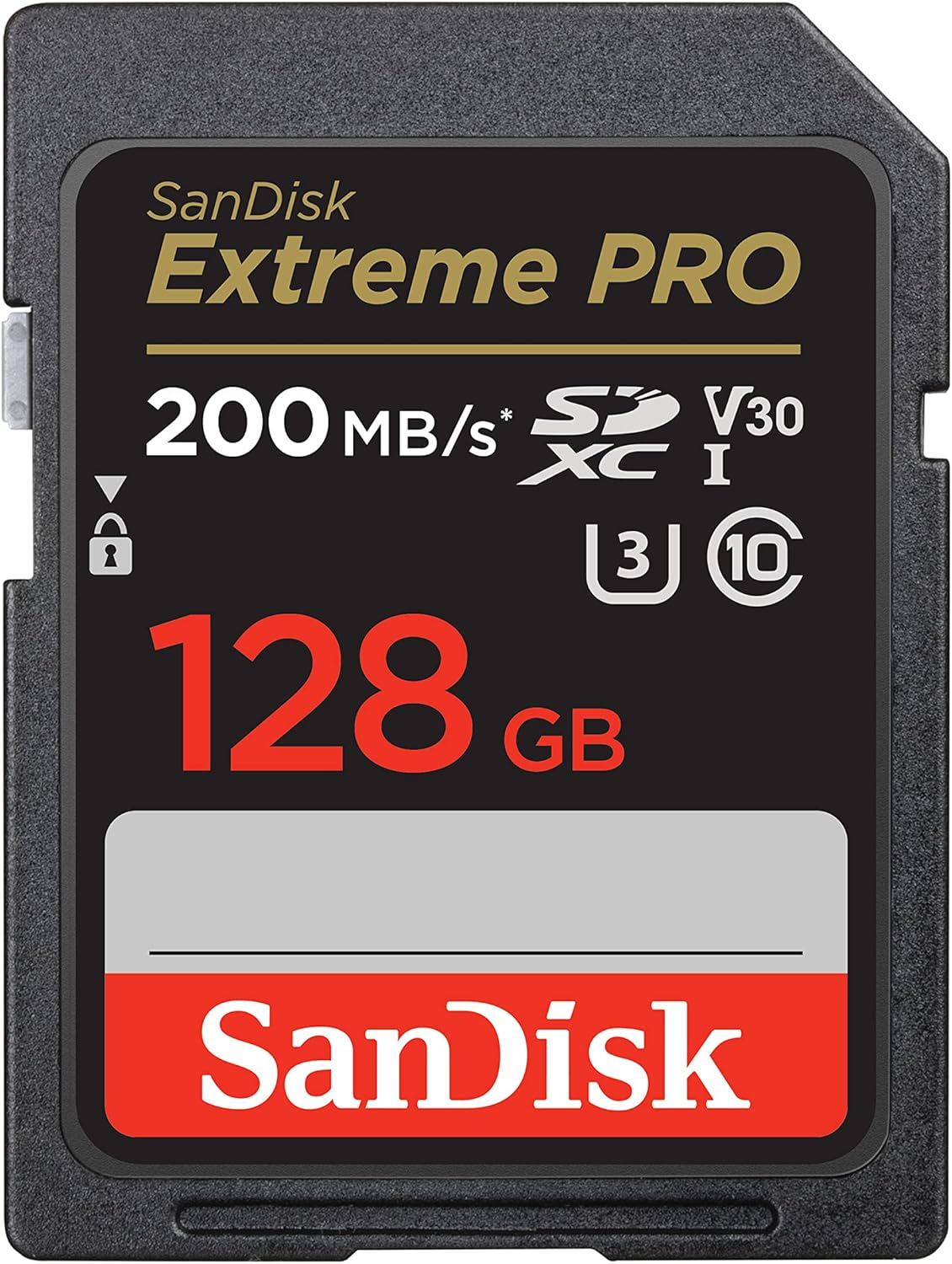 La scheda di memoria SanDisk Extreme PRO SDXC da 128GB con le sue specifiche stampate.