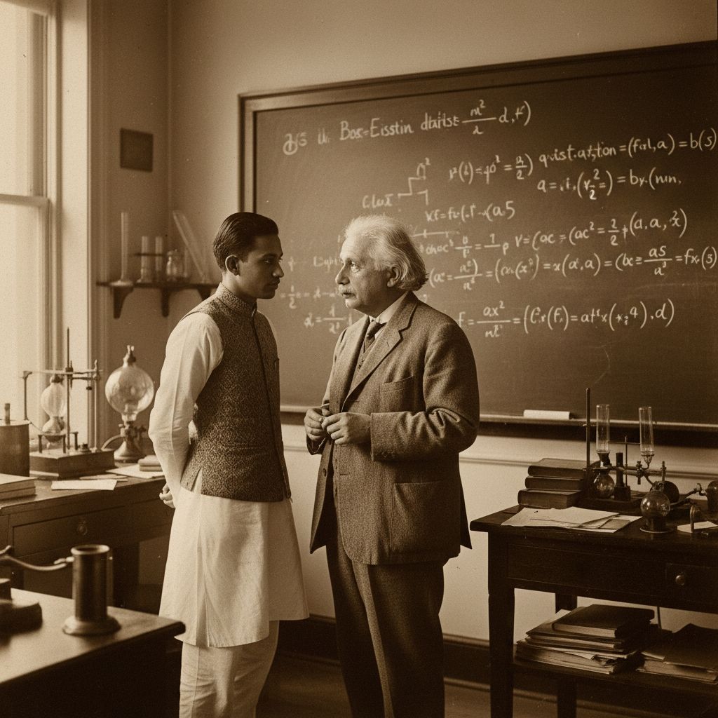 Satyendra Nath Bose al lavoro con Albert Einstein davanti a una lavagna con equazioni della statistica quantistica e diagrammi di particelle