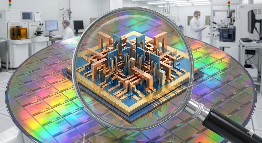 Rappresentazione visiva di un wafer di silicio con chip a 1 nanometro e ingrandimento microscopico della struttura dei transistor
