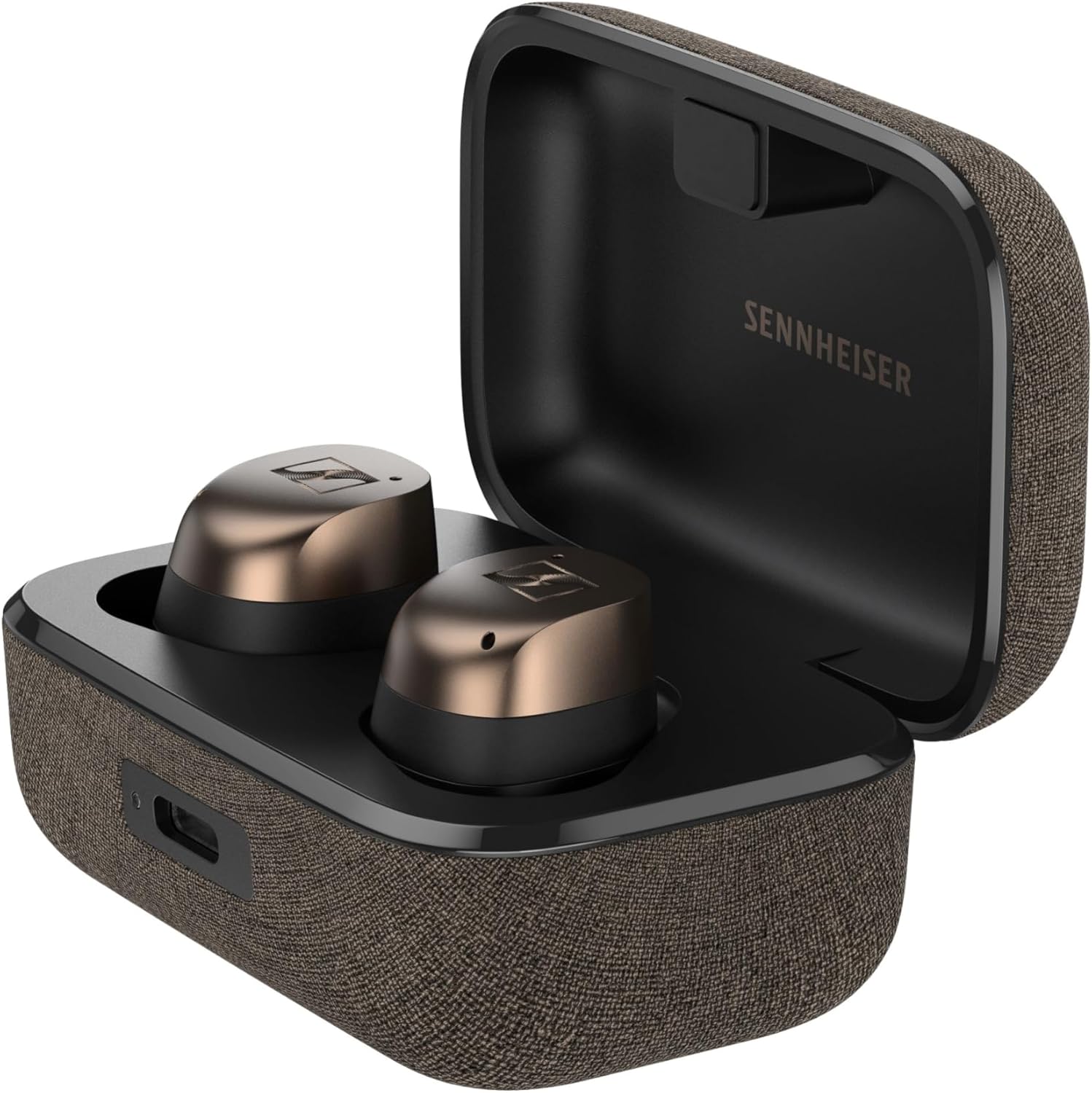 Auricolari Sennheiser Momentum True Wireless 4 nella loro custodia di ricarica