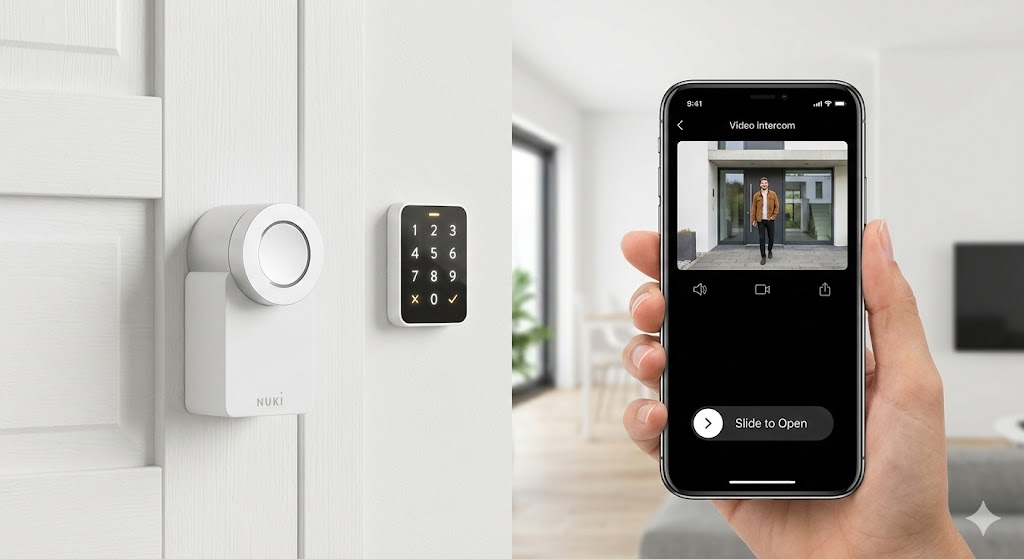 Sistema di accesso smart con smart lock sulla porta e app di gestione aperta su smartphone
