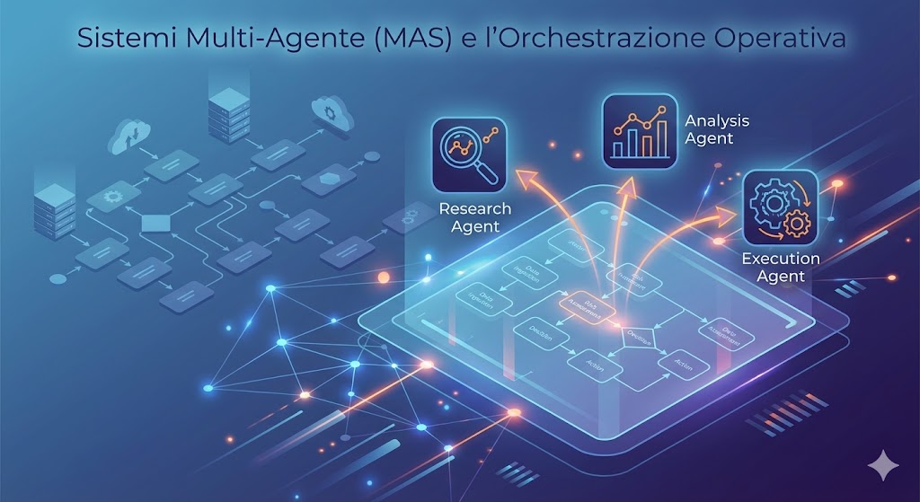 Illustrazione di una rete di agenti AI che collaborano