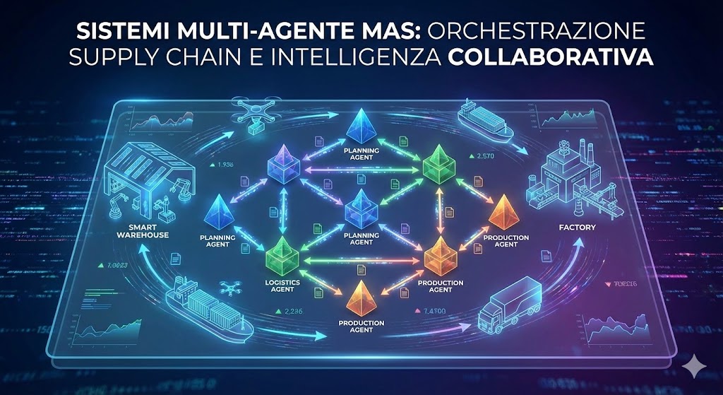 Rete di agenti AI specializzati che comunicano e collaborano per gestire supply chain con nodi interconnessi e flussi di dati in tempo reale