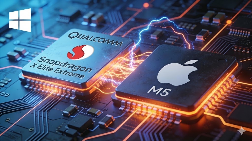Un confronto visivo stilizzato tra un chip Qualcomm Snapdragon X2 Elite Extreme e un chip Apple M5 su un circuito stampato futuristico, con loghi Windows e macOS sullo sfondo.