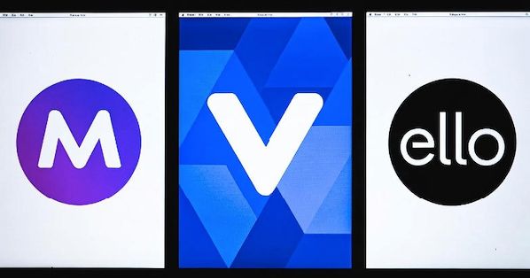 Un collage che mostra i loghi di Mastodon, Vero ed Ello in un contesto di reti decentralizzate o alternative, con elementi visivi che richiamano libertà, privacy e l'assenza di pubblicità.