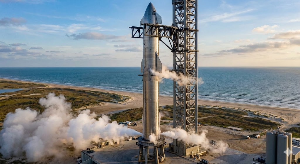 Il prototipo di SpaceX Starship sulla rampa di lancio a Starbase, Texas, pronto per un test.