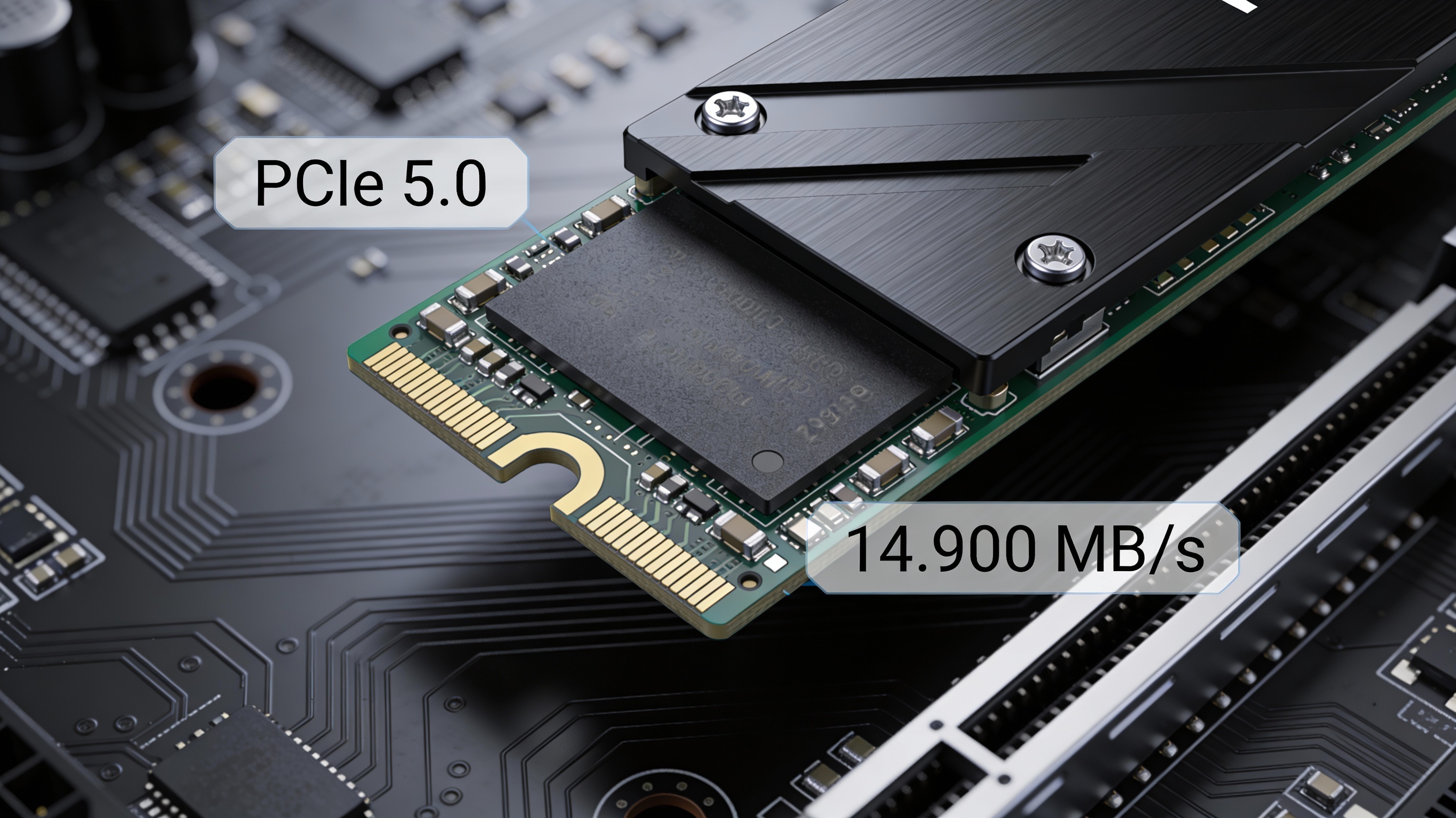 Un SSD PCIe 5.0 M.2 montato su una scheda madre moderna, con dissipatore e indicatori di velocit� in sovrimpressione