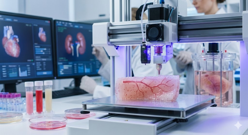 Una biostampante 3D in azione mentre crea strati di tessuto vascolarizzato utilizzando bioink contenente cellule umane viventi