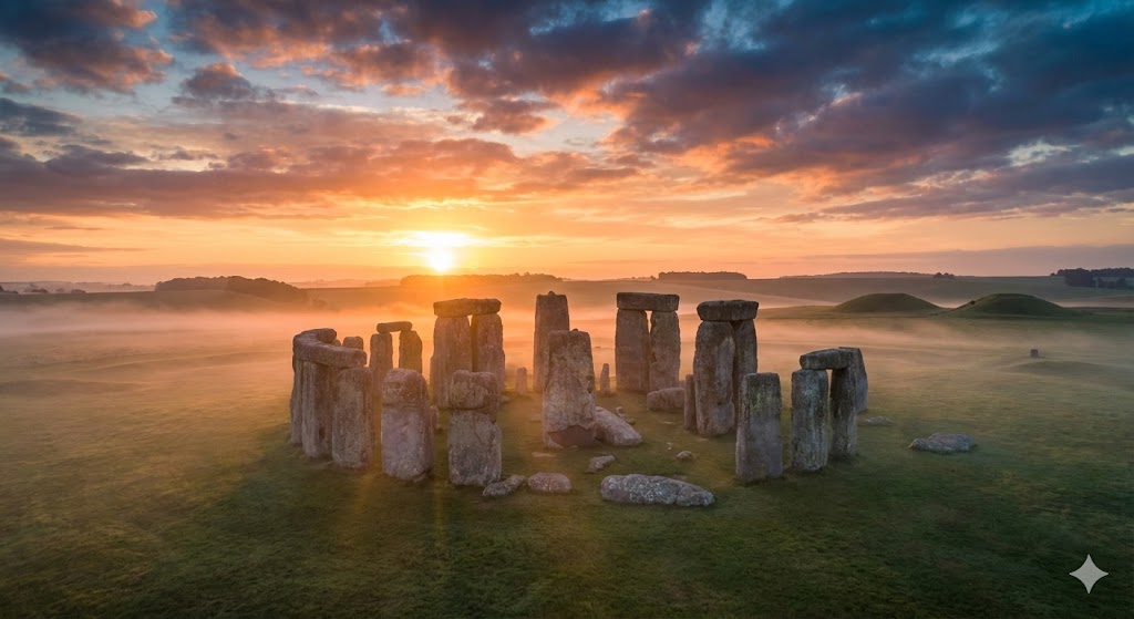 Il complesso megalitico di Stonehenge con i triliti e il circolo di pietre