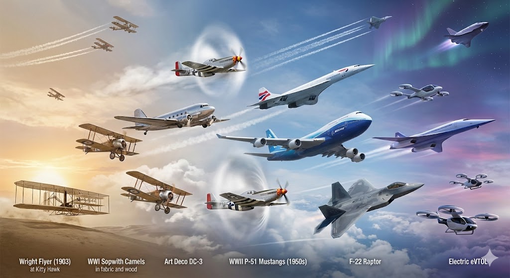 Composizione artistica che mostra l'evoluzione dell'aviazione dal Wright Flyer del 1903 fino ai moderni aerei supersonici e concept futuristici