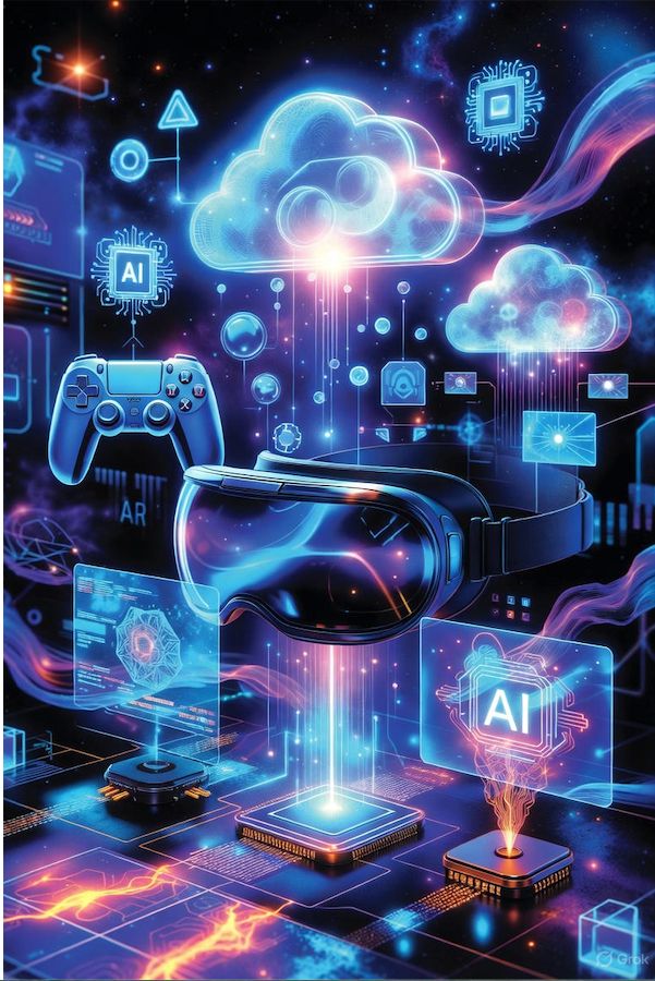Un'immagine futuristica e astratta che simboleggia il futuro del gaming. Elementi di cloud computing, realt virtuale (VR) e realt aumentata (AR), intelligenza artificiale (AI), chip impiantabili e interfacce neurali si fondono in un design elegante e high-tech, con proiezioni olografiche e flussi di dati luminosi che rappresentano l'evoluzione oltre le console fisiche.