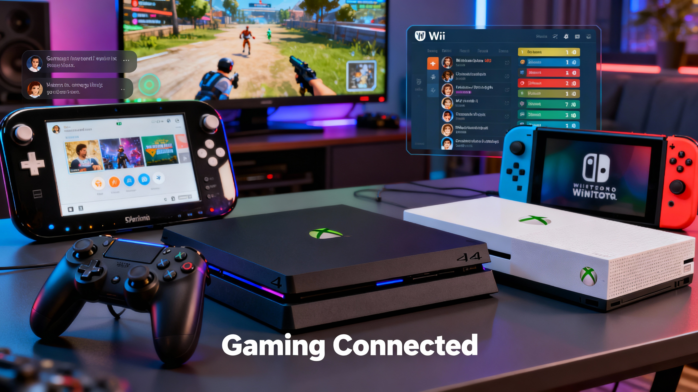 Un'immagine che rappresenta l'ottava generazione di console, con PlayStation 4 e Xbox One in primo piano che simboleggiano la competizione 'hardcore'. Sullo sfondo, un accenno al Nintendo Wii U con il suo GamePad e l'estetica di Nintendo Switch (che ha concluso l'era), il tutto immerso in un'atmosfera moderna di gaming online e social.