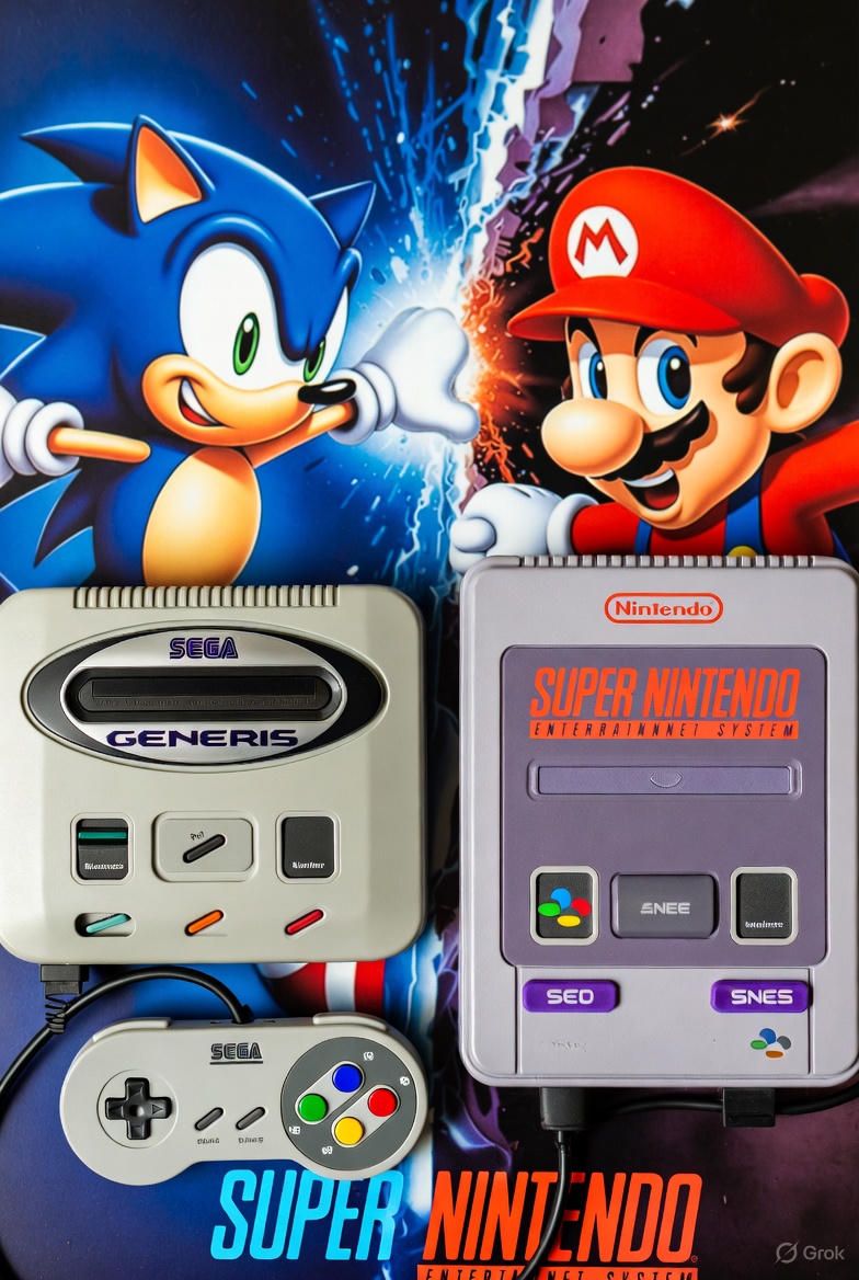 Un collage dinamico che mette in risalto il Sega Mega Drive/Genesis e il Super Nintendo Entertainment System (SNES), con i rispettivi loghi e controller iconici. Elementi visivi di Sonic e Super Mario si scontrano sullo sfondo, simboleggiando la 'guerra dei 16-bit', con effetti grafici che richiamano la Mode 7 e i pixel art dettagliati dell'epoca.