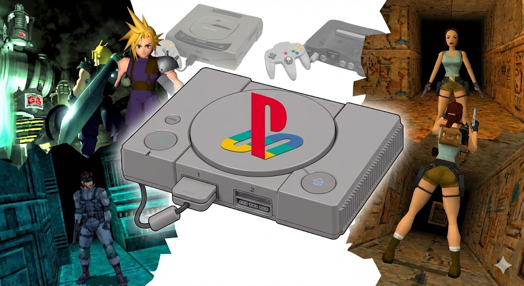 Un'immagine evocativa della quinta generazione di console, con al centro la PlayStation originale e il suo logo iconico. Intorno, elementi visivi che richiamano la grafica 3D poligonale dei giochi dell'epoca (come Final Fantasy VII, Metal Gear Solid e Tomb Raider), con accenni a Sega Saturn e Nintendo 64 sullo sfondo, simboleggiando il passaggio al 3D.
