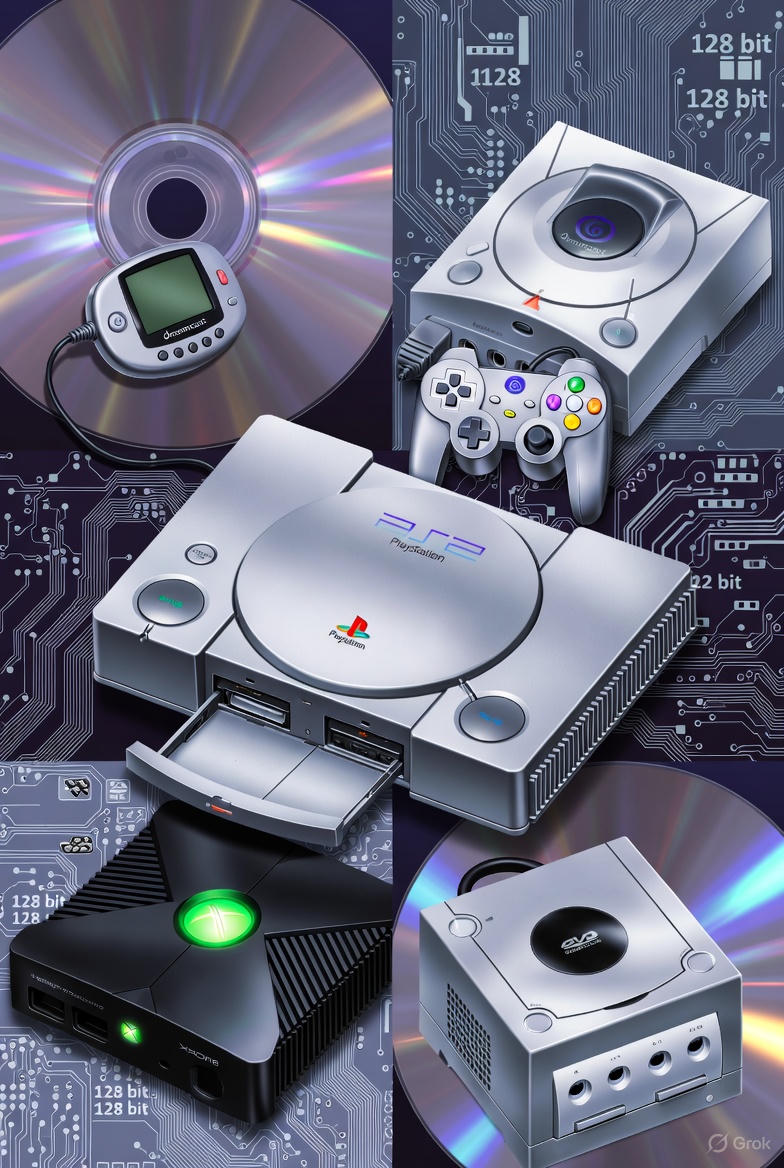 Una rappresentazione artistica che cattura l'essenza della sesta generazione: al centro una PlayStation 2 iconica, con un lettore DVD aperto. Intorno, elementi del Dreamcast (con la VMU), Xbox (con il logo verde) e GameCube (con la maniglia), il tutto con uno sfondo digitale che mescola texture di dischi DVD e schemi di circuiti a 128-bit, simboleggiando il potere multimediale e la transizione tecnologica.