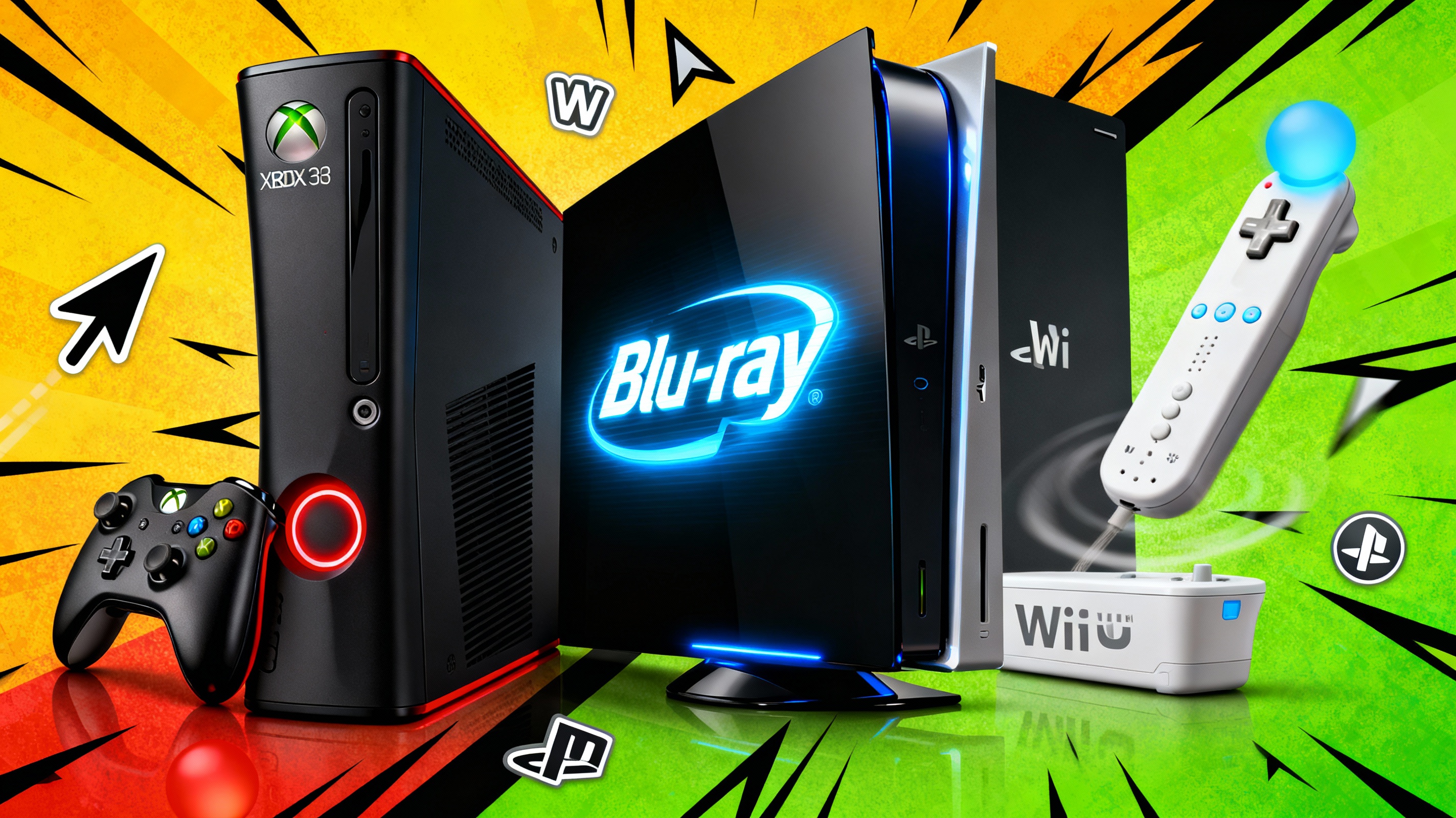 Un collage dinamico che mostra le tre principali console della settima generazione: una Xbox 360 con il Red Ring of Death, una PlayStation 3 con il logo Blu-ray e una Nintendo Wii con un Wiimote in azione. Lo sfondo fonde elementi di grafica HD con icone del motion control, simboleggiando la diversità e le innovazioni di quest'era.