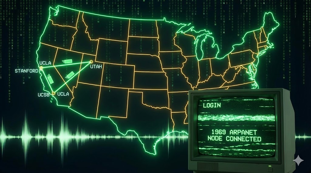 Rappresentazione artistica dei primi nodi di connessione di ARPANET nel 1969.