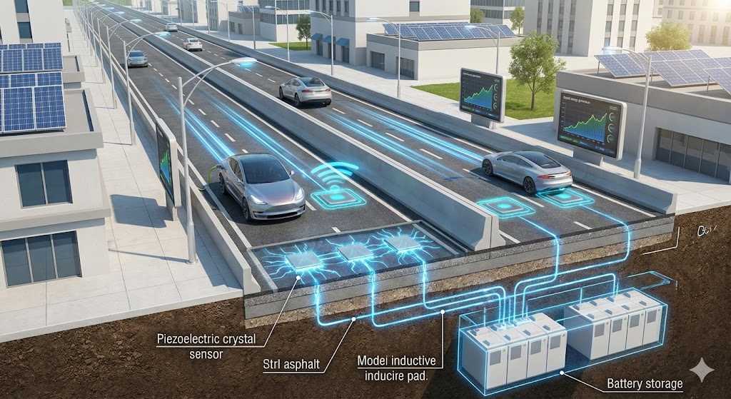 Infrastruttura stradale intelligente con cristalli piezoelettrici che generano elettricit� dal passaggio dei veicoli