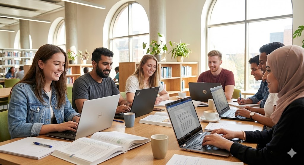 Un gruppo di studenti universitari utilizza diversi modelli di notebook Windows in una biblioteca moderna e luminosa