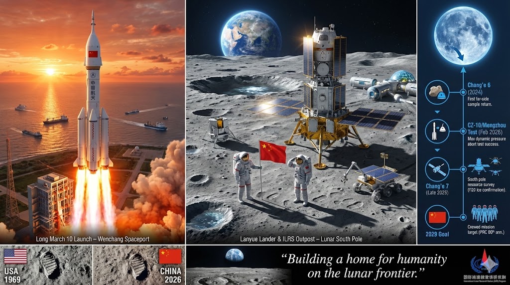 Rappresentazione artistica del lander lunare cinese Lanyue in fase di atterraggio al Polo Sud della Luna con due taikonauti a bordo