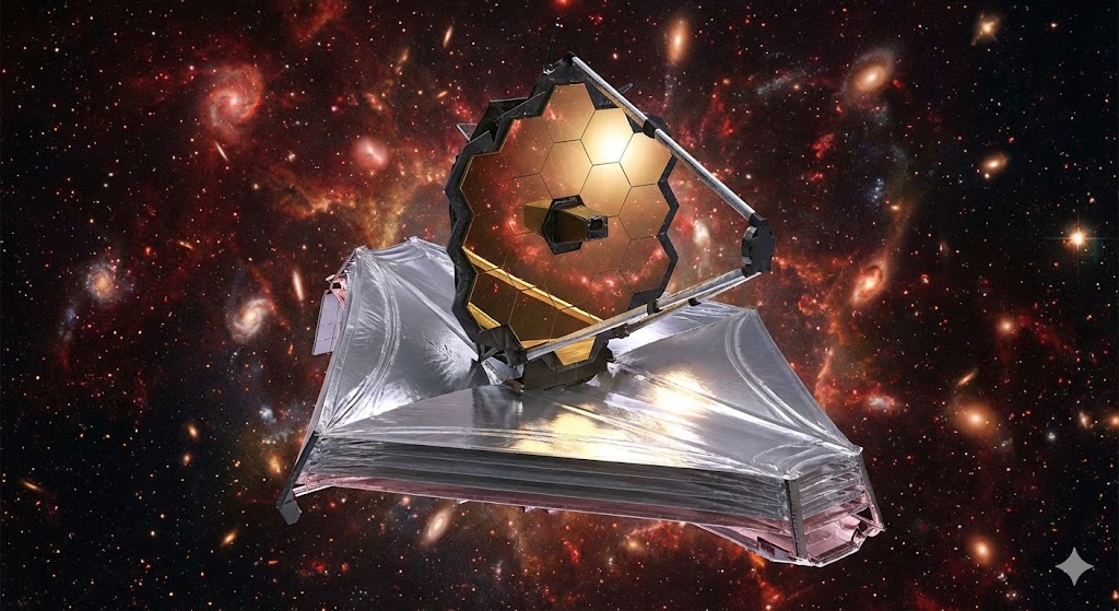 Rappresentazione artistica del Telescopio Spaziale James Webb nello spazio, con il suo grande specchio dorato e lo scudo termico dispiegato.