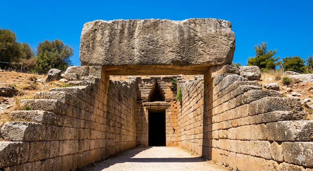 L'ingresso monumentale del Tesoro di Atreo con il suo enorme architrave di 120 tonnellate