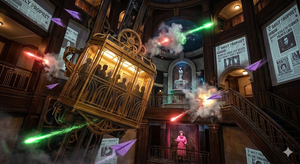 L'interno del Ministero della Magia con l'innovativo sistema di ascensori omnidirezionali e gli scenari immersivi della battaglia