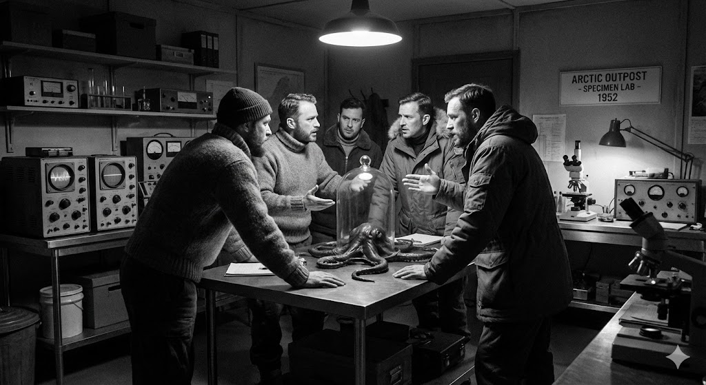 Scena del film The Thing from Another World con scienziati in base artica