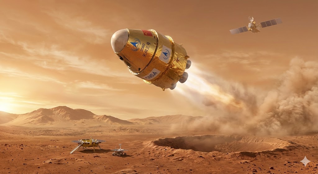 Illustrazione della sonda Tianwen-3 in orbita marziana con modulo di ascesa che trasferisce campioni di suolo verso la Terra