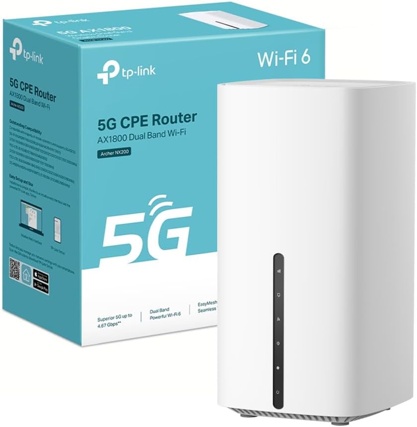 Il router 5G TP-Link Archer NX200, bianco e moderno, con le sue indicatori LED accesi.