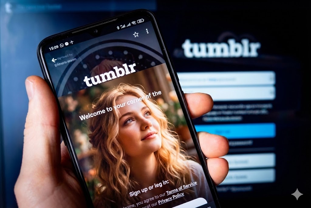 Una grafica stilizzata che cattura l'estetica unica e creativa di Tumblr, con elementi di microblogging, arte digitale, GIF e diverse subculture.